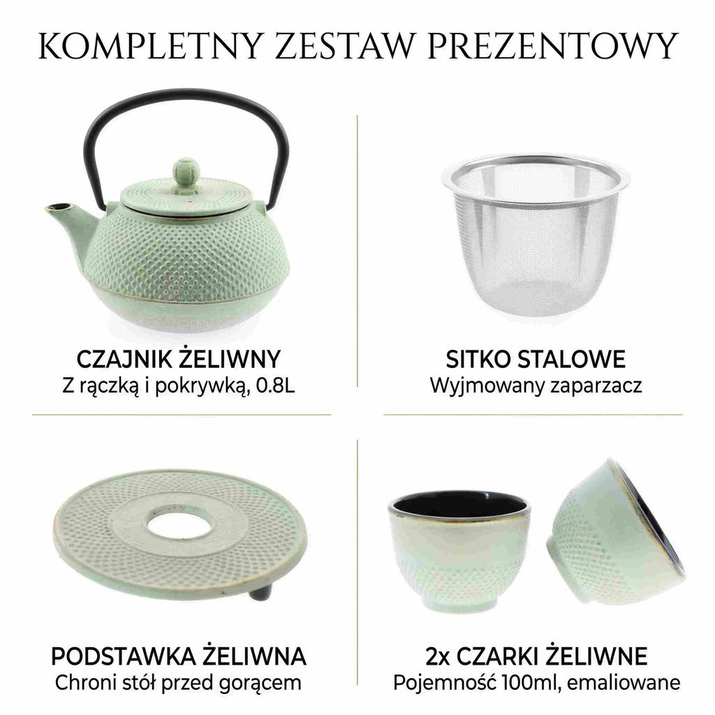 CAST IRON KETTLE POT MINT 0.8L SET 1x POT 2x CUPS WITH STAND