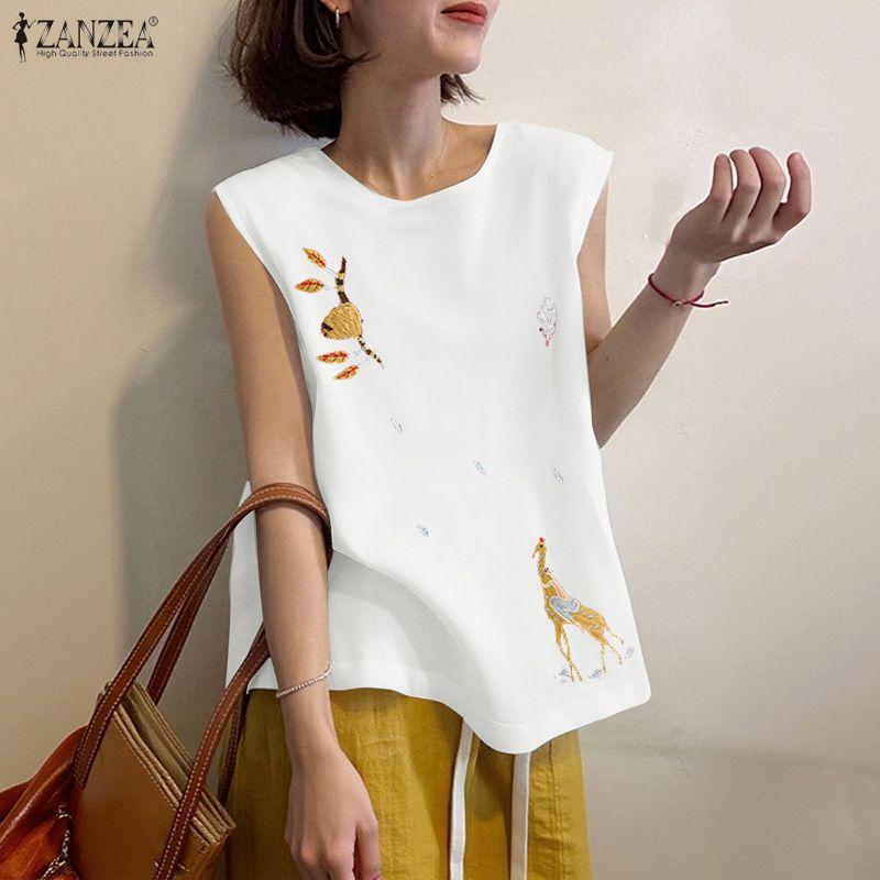 ZANZEA Women Casual Round Neck Sleeveless Embroidery Summer Tank Tops