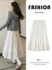 White Pleated A-Line Lace Midi Skirt - High-Waisted, Elegant Spring Outfit for Women.