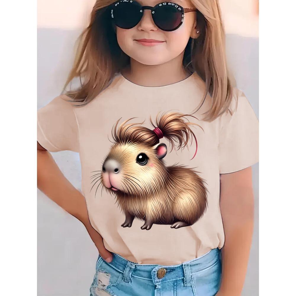 Girls Capybara Print Short Sleeve T-Shirt Cute Capybara Crew Neck Short Sleeve Tee Funny Capybara Hair Clothes Child Girl