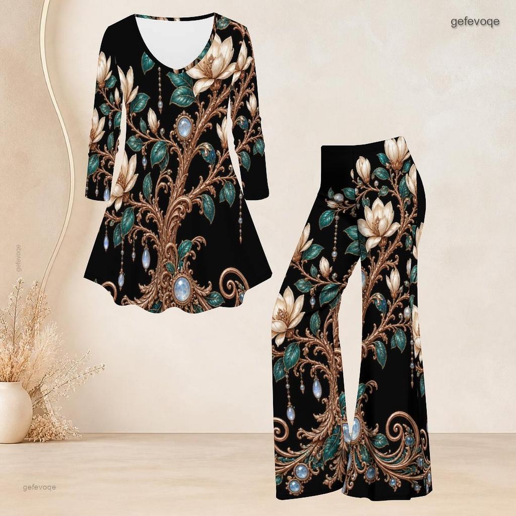 Women Plus Size Black Floral Printed V Neck Three Quarter Sleeve Flared Top Flared Pants Two Piece Set