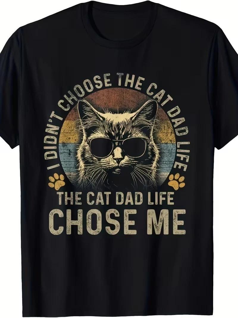 Funny Dad Shirts Retro 70s Cat Dad Life Chose Me Graphic T-Shirts For Men M