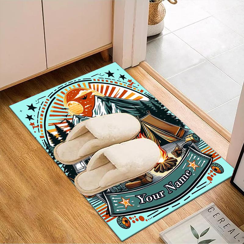 1PC Custom Name Camper Adventure Mountains Theme Floor Mat Ideal for Living Room, Game Rooms, Office, Bedroom, Floor Mat Playful Design