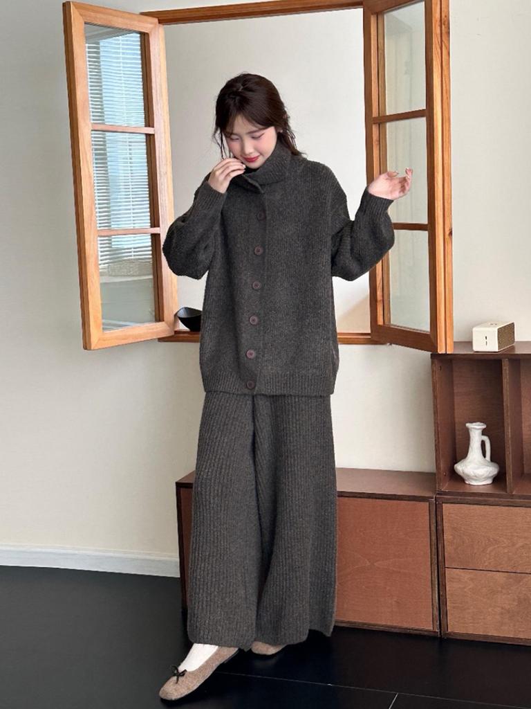 Korean Style Loose Knitwear Set: High-Neck Cardigan + Wide-Leg Pants for Women, Autumn/Winter Two-Piece