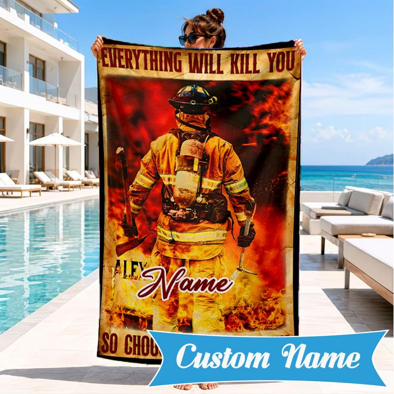 Custom Name Firefighter's Courage Beach Towel Microfiber Beach Towel, Lightweight and Quick-Dry, for Summer Travel, Swimming Pool Gift