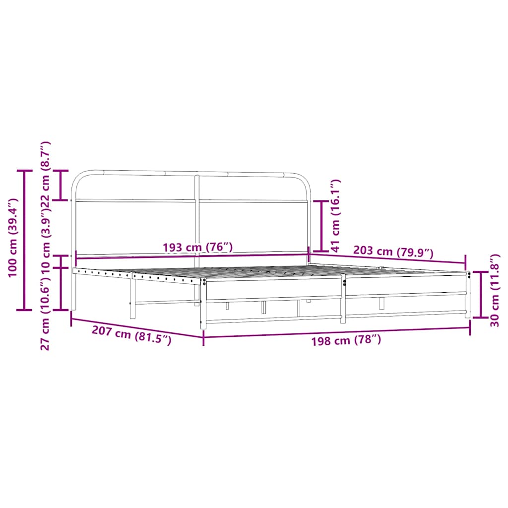 Metal Bed Frame without Mattress Smoked Oak Finish 193 x 203 cm