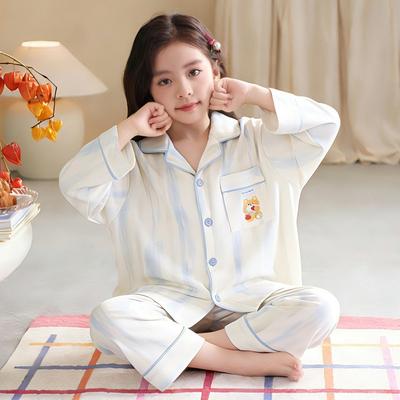 100% Cotton Girls Long Sleeve Pajama Set With Cartoon Print Flip Collar Sleepwear Kids