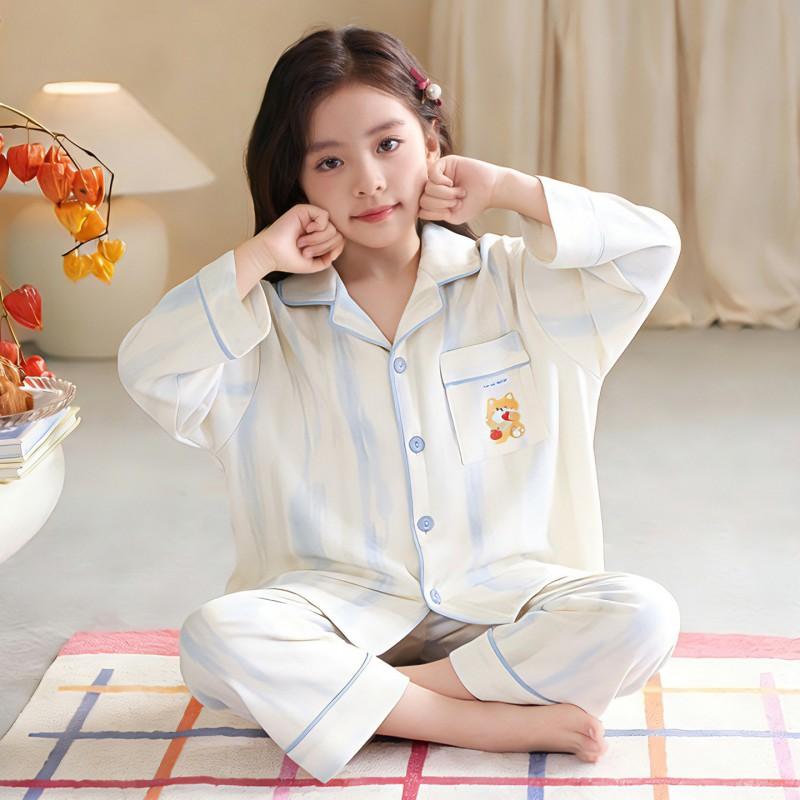 Girls Cotton Pajama Set Long Sleeve Cartoon Print Sleepwear Kids Home Outfit