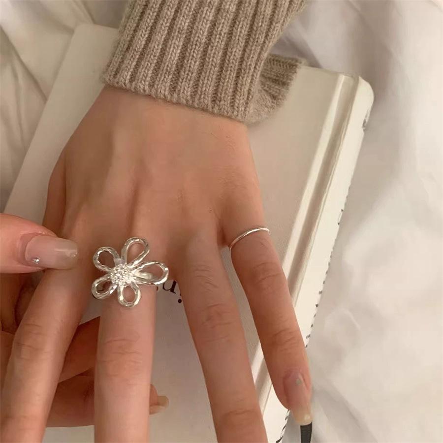 S sterling silver large flower ring heavy industry temperament exaggerated ring versatile open index finger ring