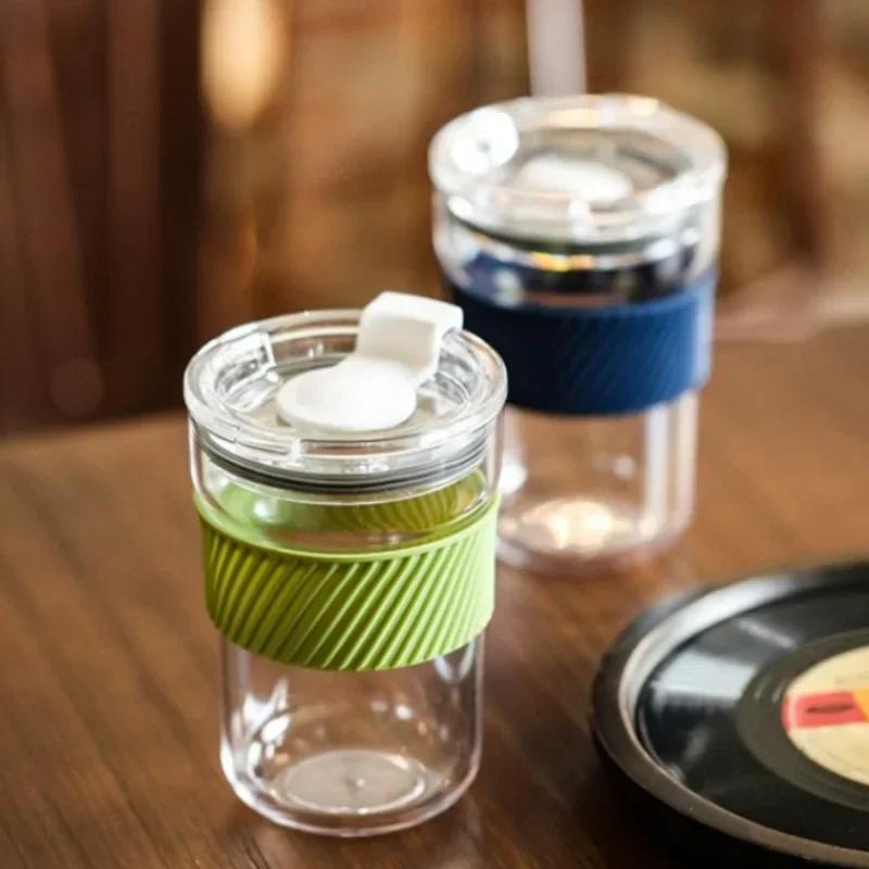 Cana de cafea transparentă 460ml Portabilă Cană de apă Cană de lapte cu capac și manșon de protecție anti-opărire Studentă Fată Gospodărie Birou Cană