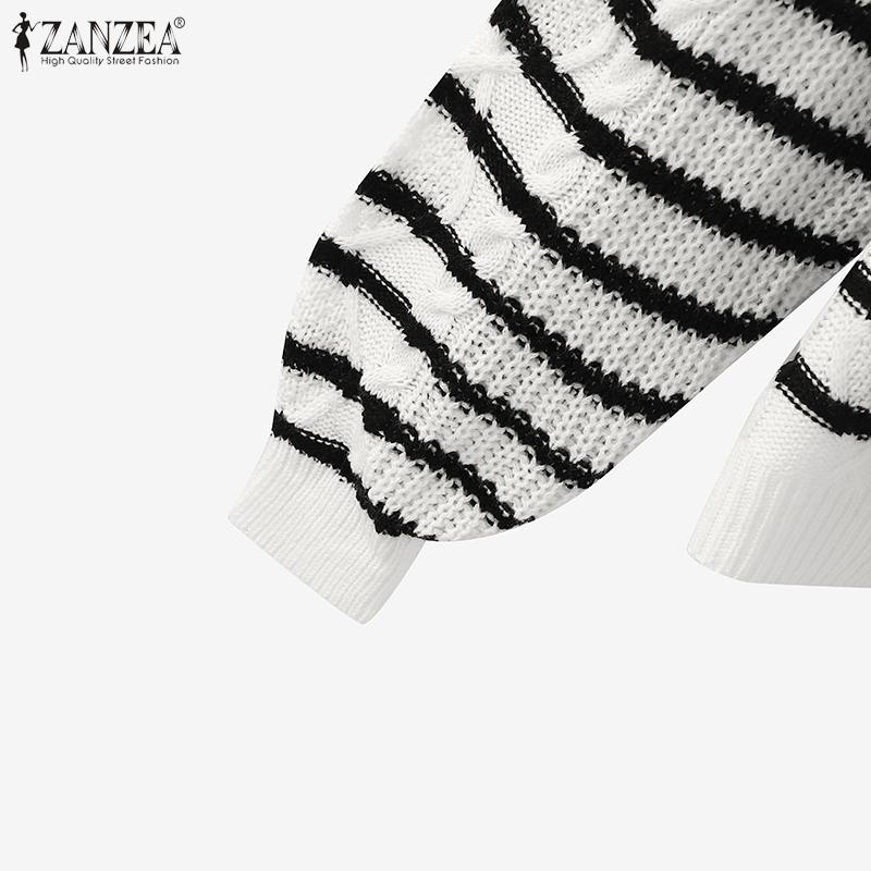 ZANZEA Autumn Women O Neck Long Sleeve Striped Texture Casual Knitted Sweaters Jumpers