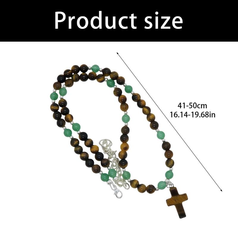 Adjustable Length Tigereye Crucifix Beaded Necklace 8mm Natural Beads Design Elegant Style and Good Luck Charm