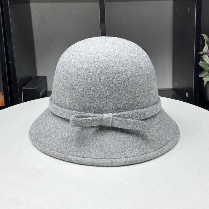 Hepburn small fragrant wind wool styling basin hat women's autumn and winter simple and elegant bow bucket hat small brim hat