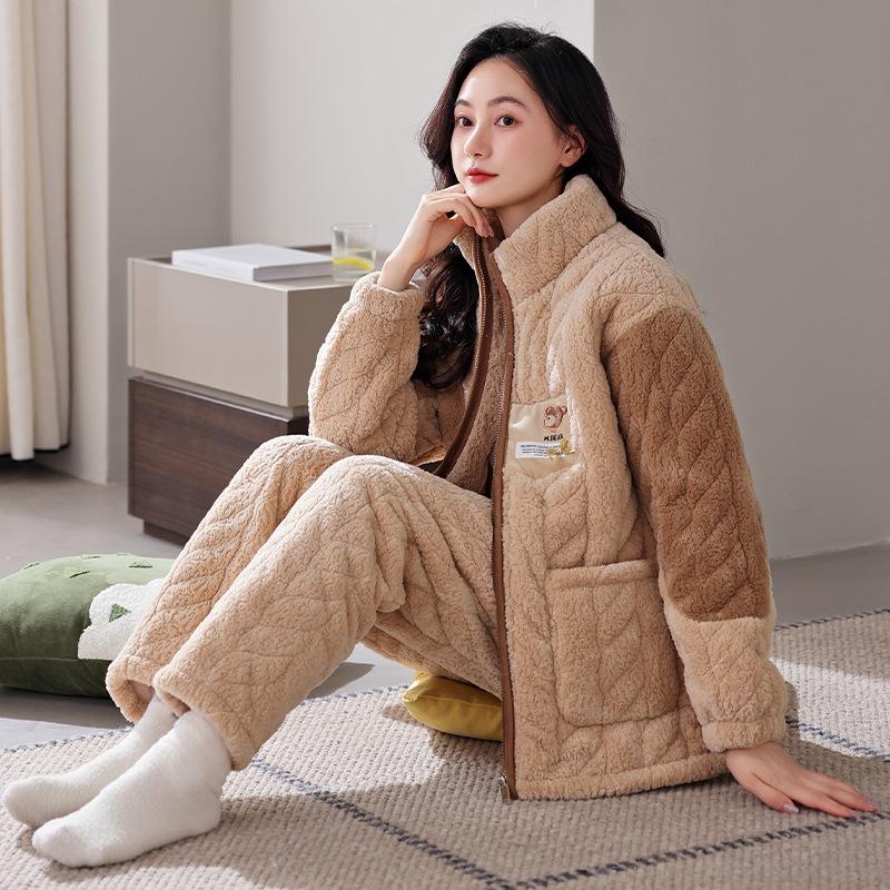 Winter Coral Fleece Padded Pajamas Women'S Three-Layer Fleece Thickened Padded Jacket To Keep Warm Winter Flannel Loungewear Set