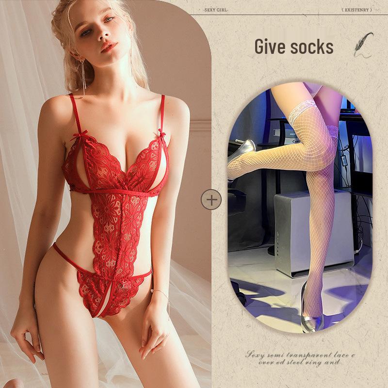 Midnight Whisper: Women's Sexy Lace Lingerie Bodysuit Set with Alluring Hollowed Design