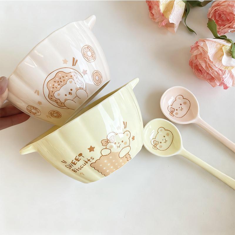 1/2 Set Cute Pumpkin-Shaped Ceramic Two-Handled Bowl with Spoon - Salad/Fruit/Soup/CerealBowl, Microwave/Dishwasher Safe