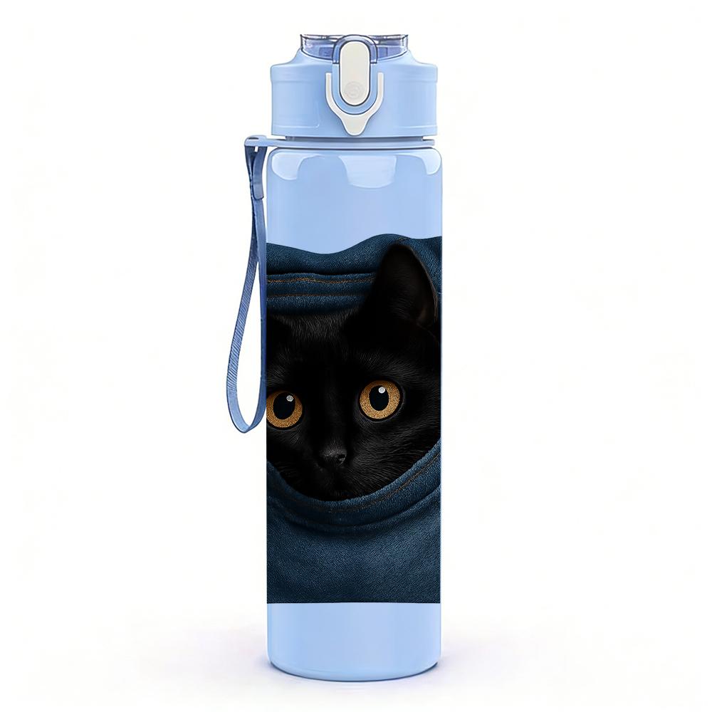 1PC Black Cat Jean Pocket Peeking 750ml Color Plastic Sports Water Bottle Leakproof Flip Straw Lid Suitable for Sports Office Home Use