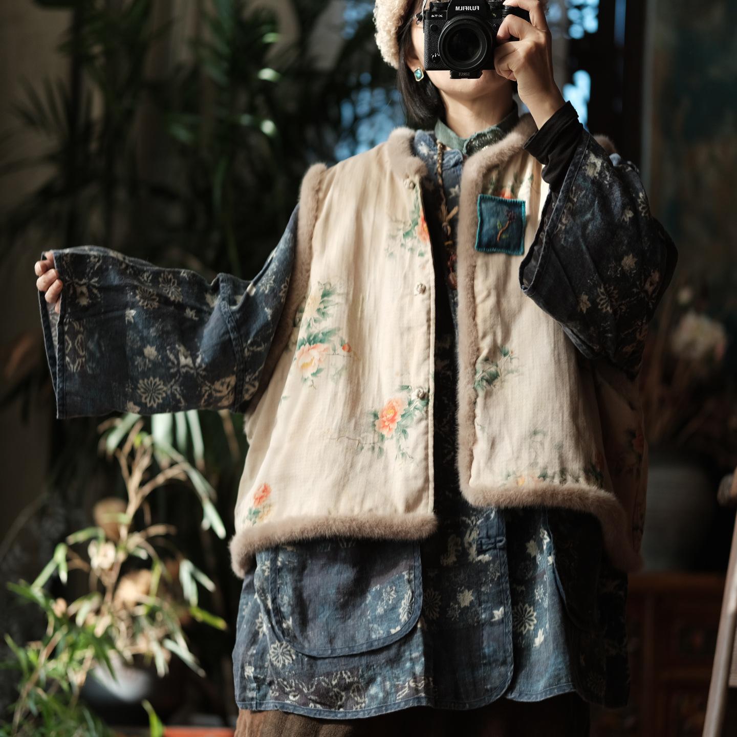 

Johnature Women Vintage Print Floral Vests Coats Spring O-Neck Button Warm Chinese Style Female Female Coats One Size