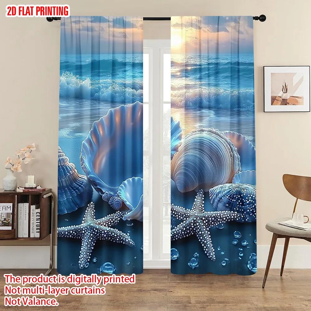 2pcs   plane printing Popular Curtain Panels Seashell and Pearl Beach Scene Polyester Fabric (without rod) All Seasons for