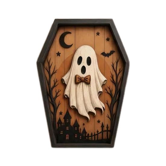 Unique Halloween Gifts for Friends Coffin-Shape Wooden Sign Decor, Pumpkin Skeleton Ghost Owl Desktop Statue Decor Patterns, Spooky Tabletop Ornament