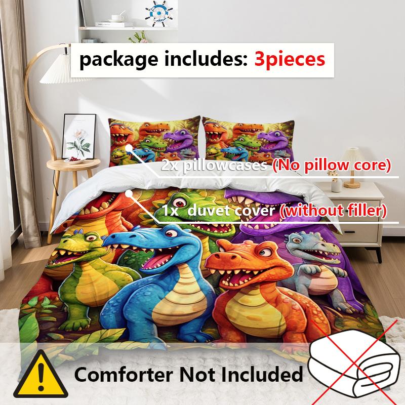 3-częściowa kolorowa poszewka na kołdrę z kreskówkowym dinozaurem Wygodna tkanina pościelowa Miękka i oddychająca W zestawie (Poszwa na kołdrę* 1+Poszewki na poduszki*2)