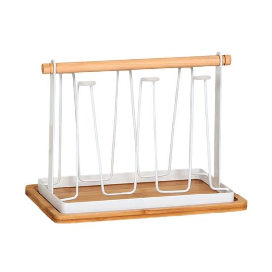 Iron Cup Drying Rack with Wood Handle & Drip Tray Baby Bottle Dryer Holder Space-Saving Countertop Organizer for Mugs