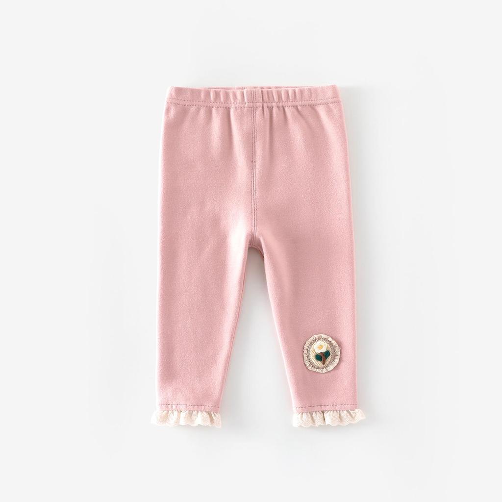 Autumn 2025 Girls' Leggings: Flower Applique, Lace Trim, Solid Color for Babies and Children