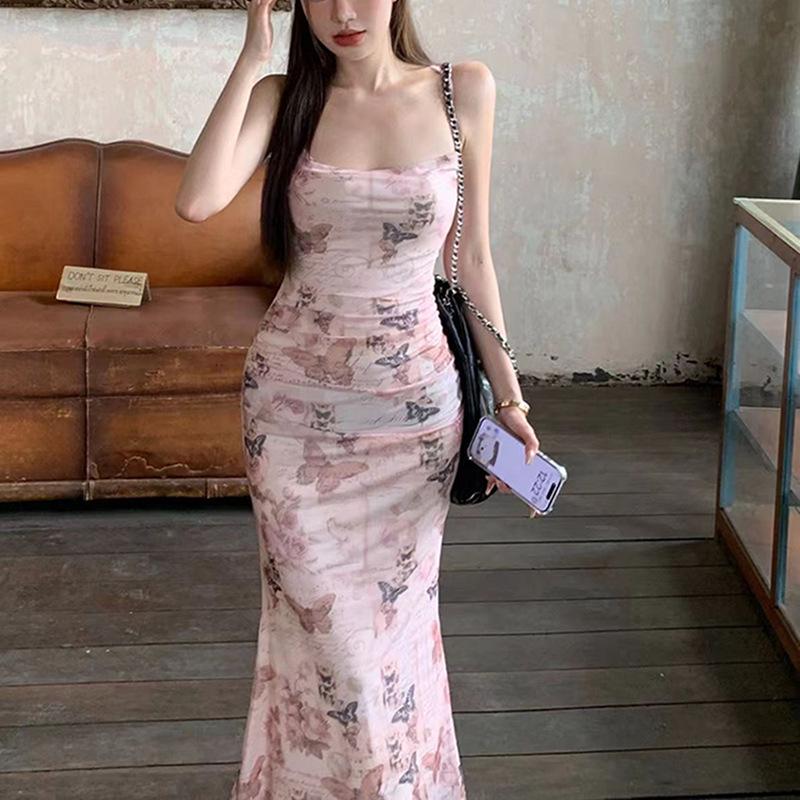 Butterfly Print Spaghetti Strap Waist-Hugging Backless Bodycon Dress for Women - Long, Summer Style