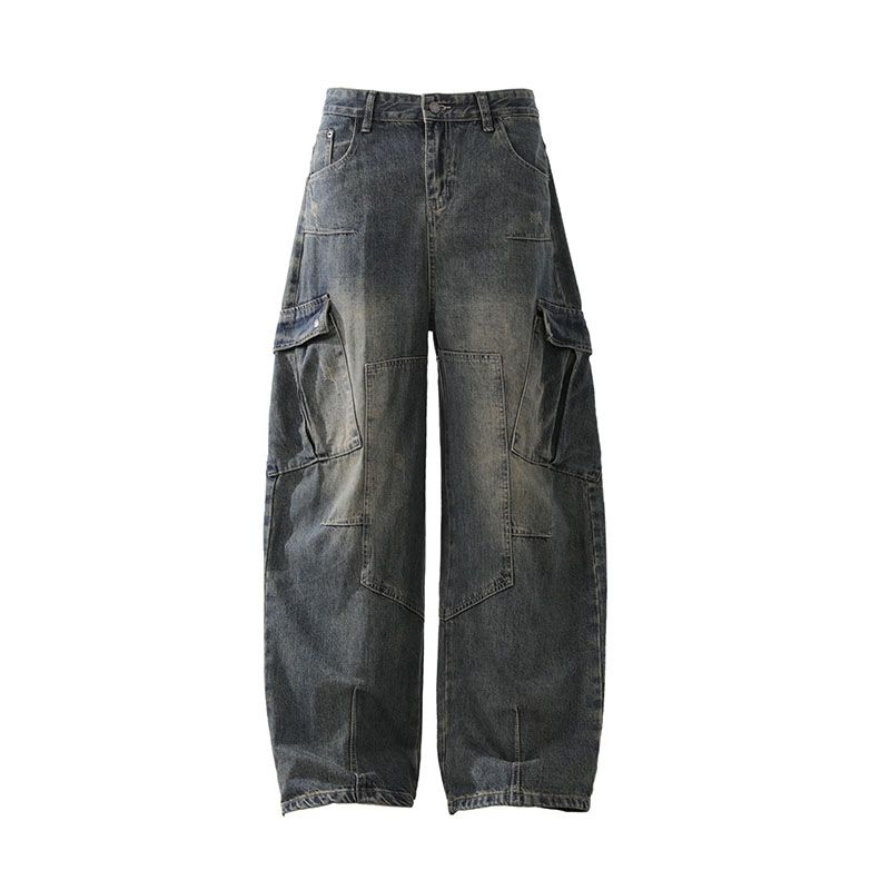 

Acrardic Trendy Heavy Weight Multi-Pocket Machete Denim Men s and Women s Fried Street Worn Looking Washed-out Wide-Leg Workwear Pants Dark Blue XL