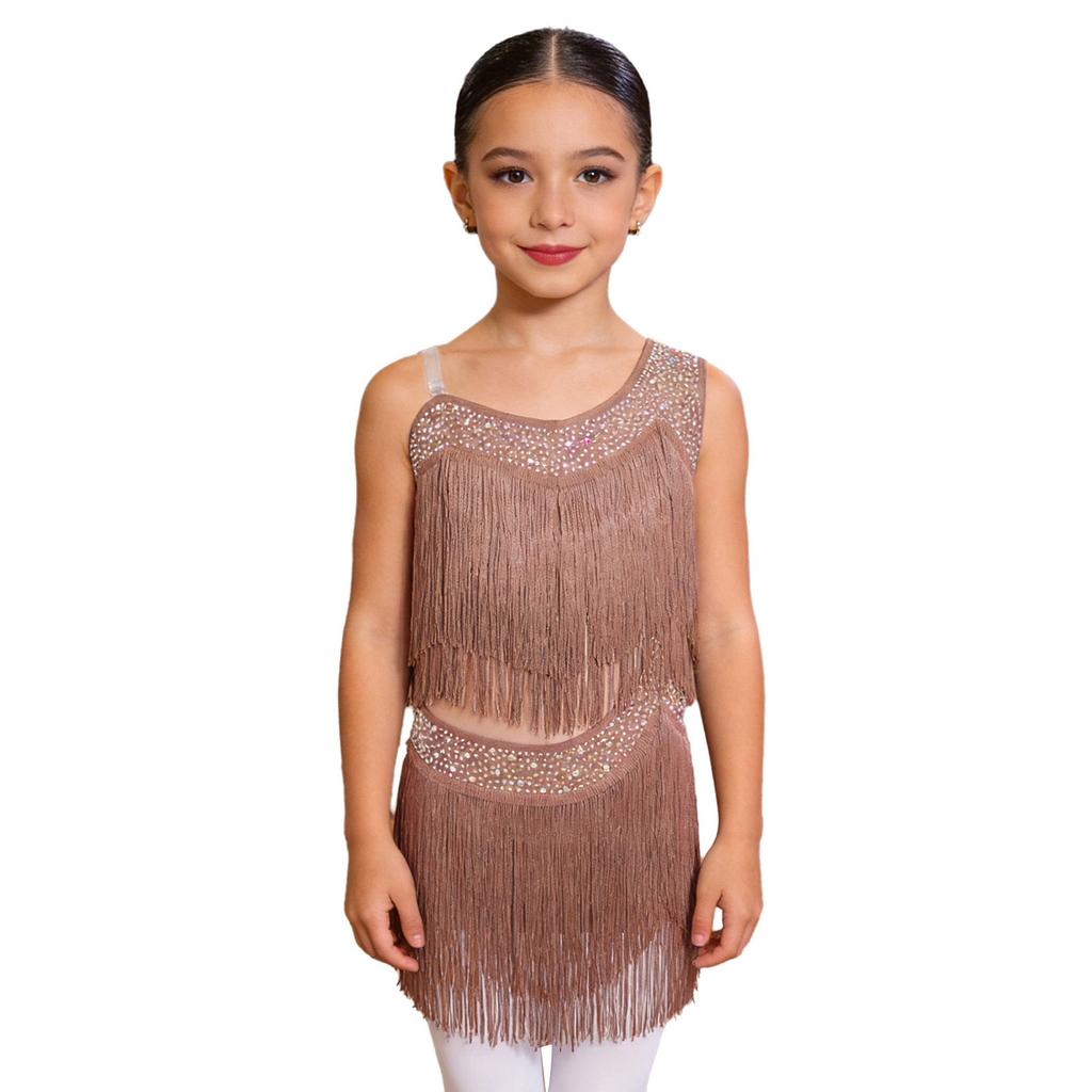 Vestido de Danza Latina para Niñas con Borlas, Flecos Asimétricos, Pedrería Brillante, Recorte, Disfraz para Actuación en Escenario