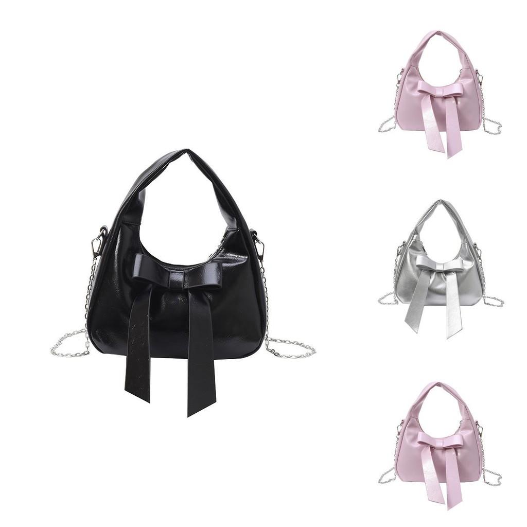 Solid Color Bow Shoulder Bag With Zipper Closure For Daily Use In Trendy Street Style