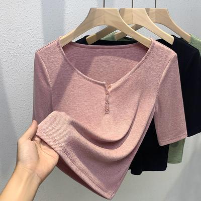 Rundhals Fünf-Punkt-Ärmel T-Shirt für Damen Neues Frühherbst Damenoberteil für Damen Dünnes Halbarm-Basisshirt