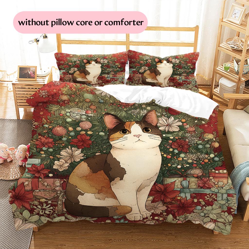 Cartoon Calico Cat Pattern Bedding Home Decoration Birthday Gift (1 * duvet cover + 2 * pillowcase, without core)