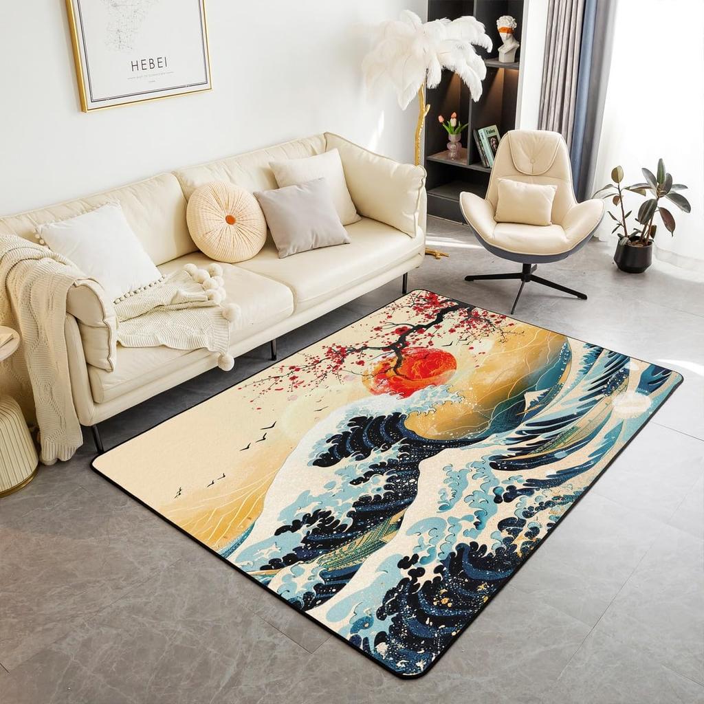 Japanese Ukiyo-e Great Wave Crane & Cherry Blossom Print Area Rug, Non-Slip Floor Mat for Living Room Bedroom Home Decor Carpet