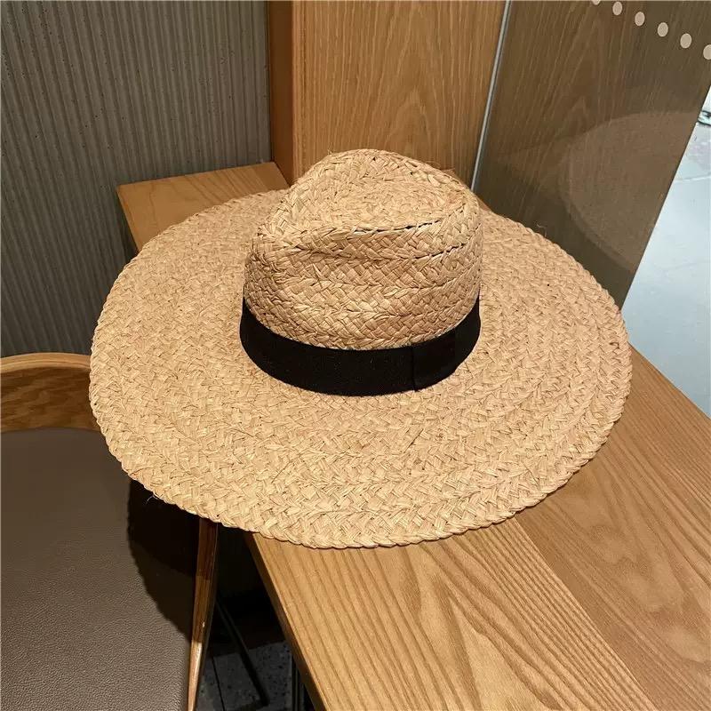 Elegant Natural Hand-woven Raffia Ribbon Dome Wide Brim Straw Hat For Women Summer Beach Vacation Leisure Sun Hats Chapeu Cape