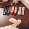 Niche design bow with lace thick heel cool slippers women's summer new one-word sandals