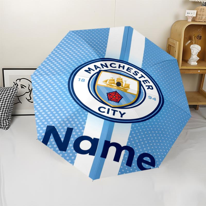 Automatisk Paraply med Personligt Navn og Manchester City Tema, Let & Bærbar, 8 Ribber, Perfekt til Udendørs Rejser, Fødselsdage, Jul, Gaver.
