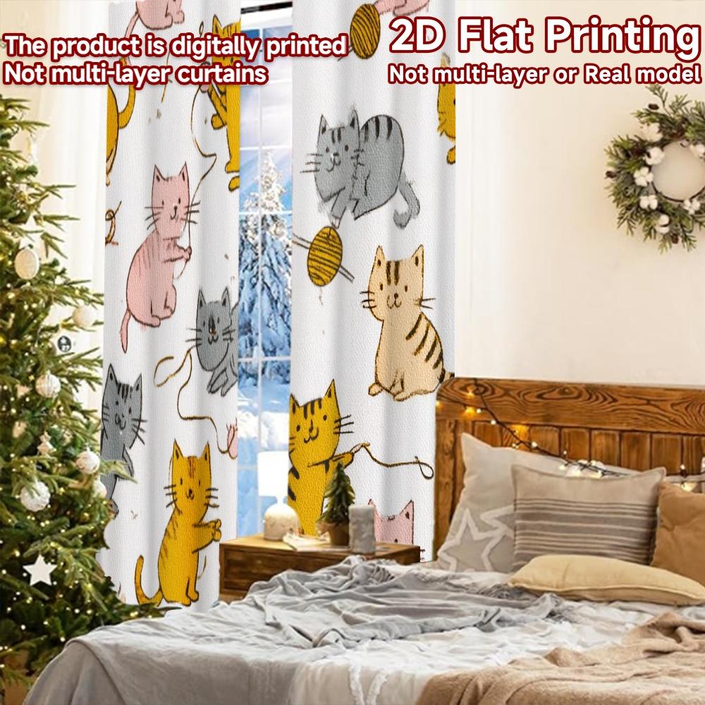 2pcs, 2D FLAT PRINTING Curtains (Without Rod) Cat Pattern Art Christmas Holiday Curtains with Digital Printing Durable Polyester