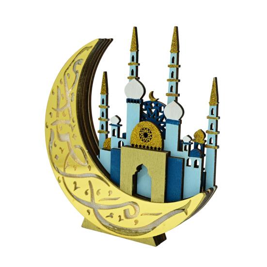 Ramadan Table Decoration Wooden Crescent Moon Star Eid Mubarak Ornament LED Light Up Ramadan Kareem Mosque Sign for Islamic Home Decor