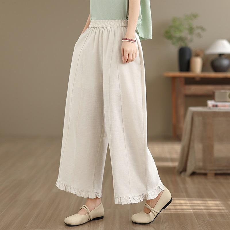 Plus size cotton Vintage high Waist Casual loose spring Summer wide leg Pants Women Trousers