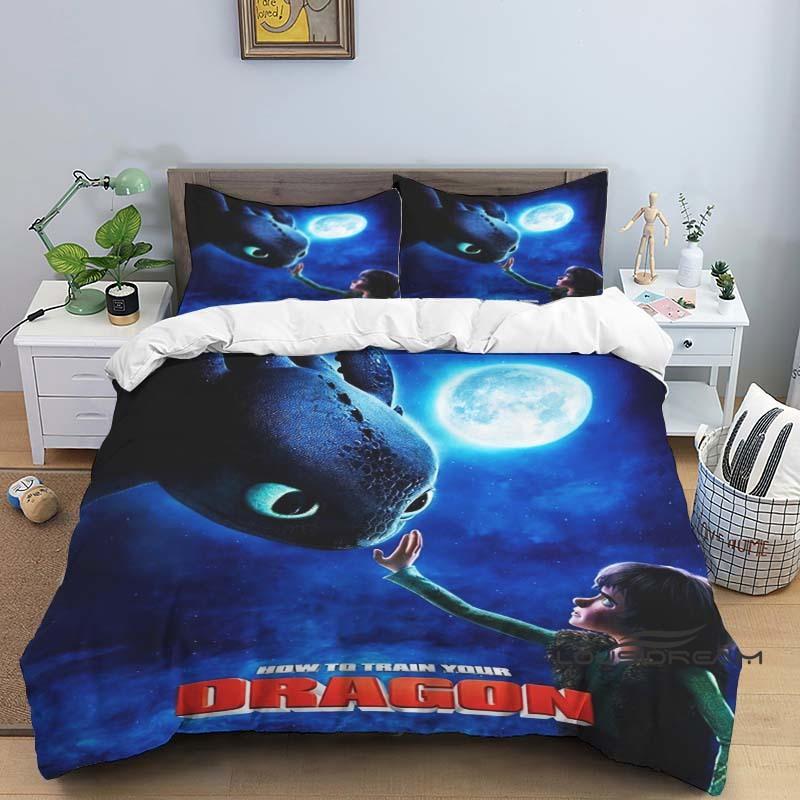 "How To Train Your Dragon" Cartoon-Print 3-Piece Bedding Set — Duvet Cover & Pillowcases (Suitable for Teens & Children — Boys &