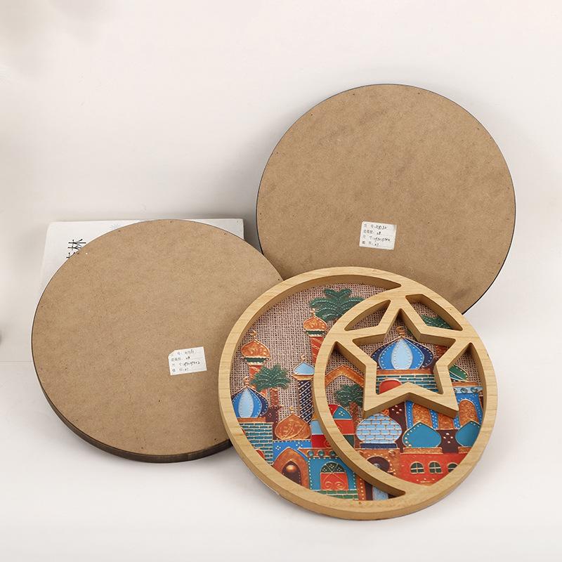 Ramadan Moon Star Serving Tray - Eid Cupcake Candy Plates Mubarak Religious Painting for Family Party Wooden Decorations