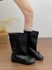 Skinless Leather Boots, Retro Women's Boots, Autumn Models, Large Tube Circumference, Flat-bottomed Fashion Bow, Medium Tube Short Boots Piled Up