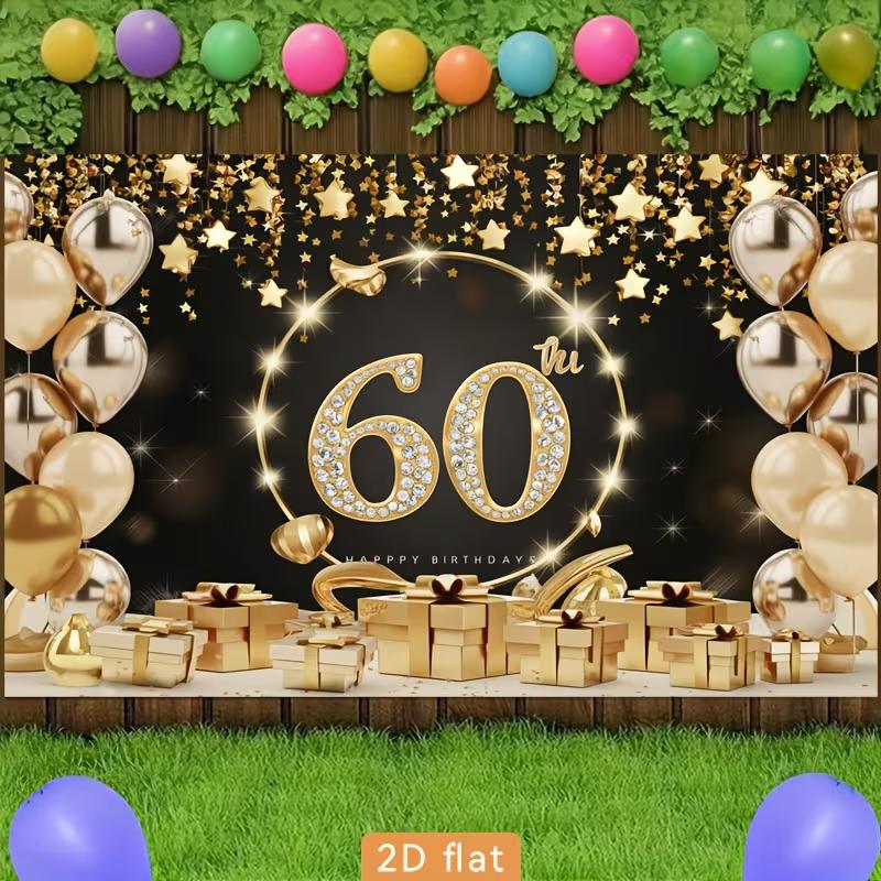 2D Black Gold 60 Birthday Backdrop Star Confetti & Balloon Decor Background Banner