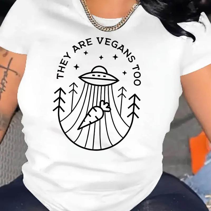 Women s Bunny & Saucer UFO Print T-Shirt - Short Sleeve Round Neck Blouse Top with Carrot UFO Graphic, S белый