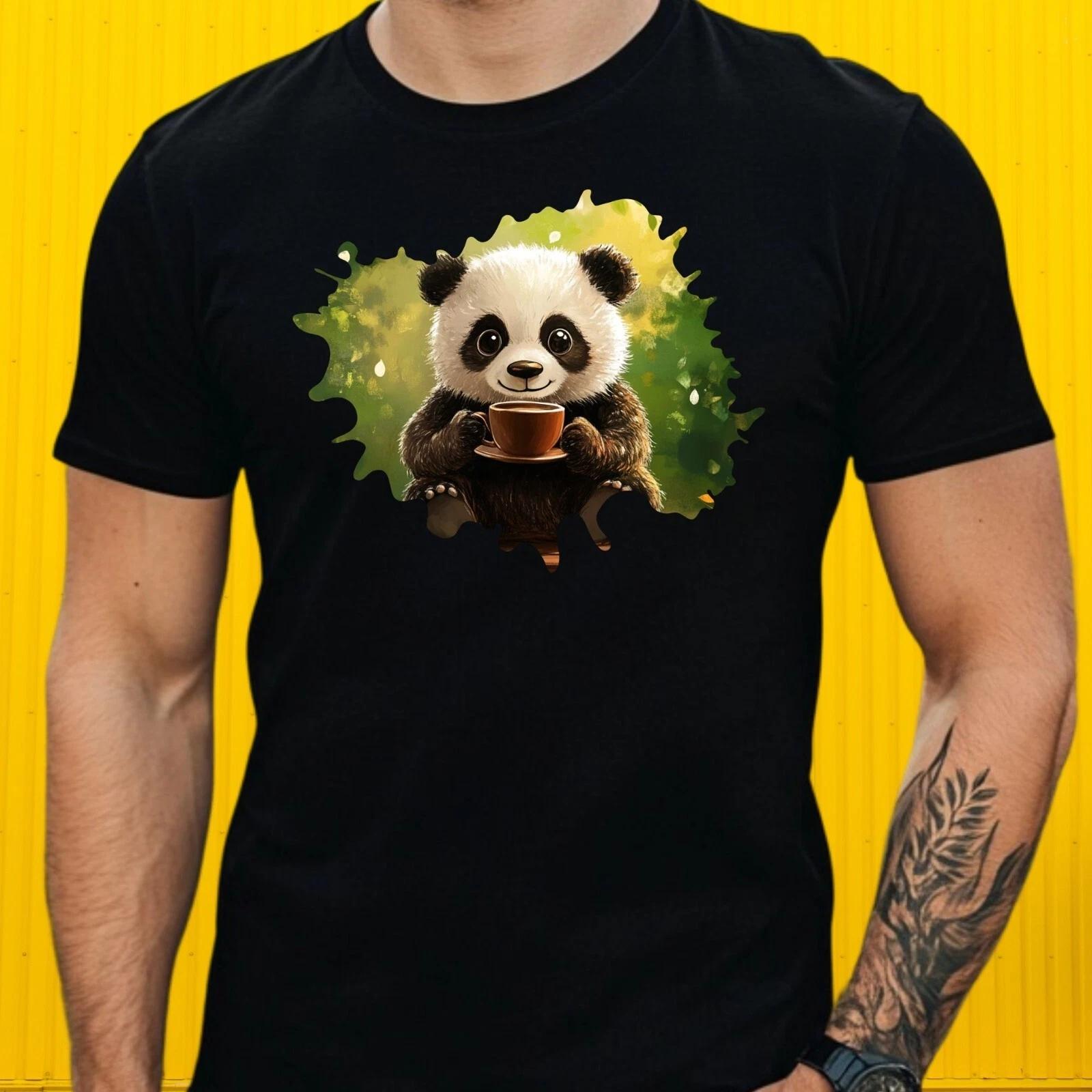 T-Shirt Herren Panda trinkt Kaffee Motiv Baumwolle Größe S bis 5XL S