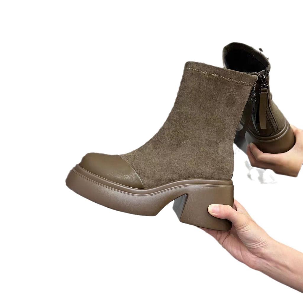 Dámské nové podzimní a zimní tenké boty na silné podrážce a silném podpatku, evropský styl, britský styl, elastické boty, zvyšující, martensky