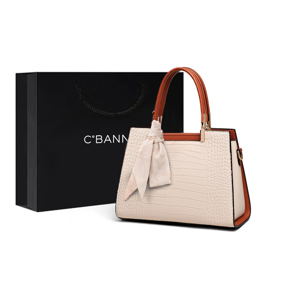 

New C°BANNER Split Cow Leather With Synthetic Leather Tote One Shoulder Handbag Large Women s Apricot Q11222 28.4*11.4*21.1CM