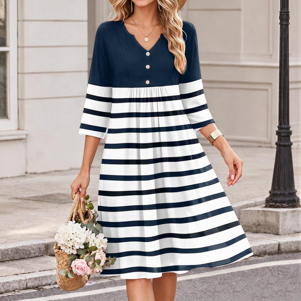 Damen Casual V-Ausschnitt Kleid mit Streifenmuster und 3/4 Ärmeln