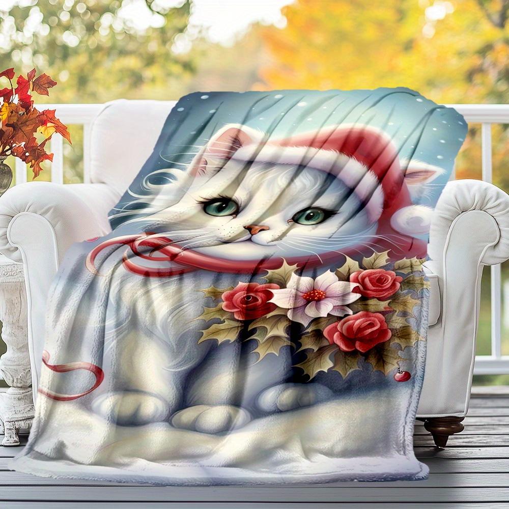 1pc Christmas Cat Theme Design Flannel Blanket - 3D Printed Soft Warm, All-Season Lightweight Throw for Camping Travel Bed-080715